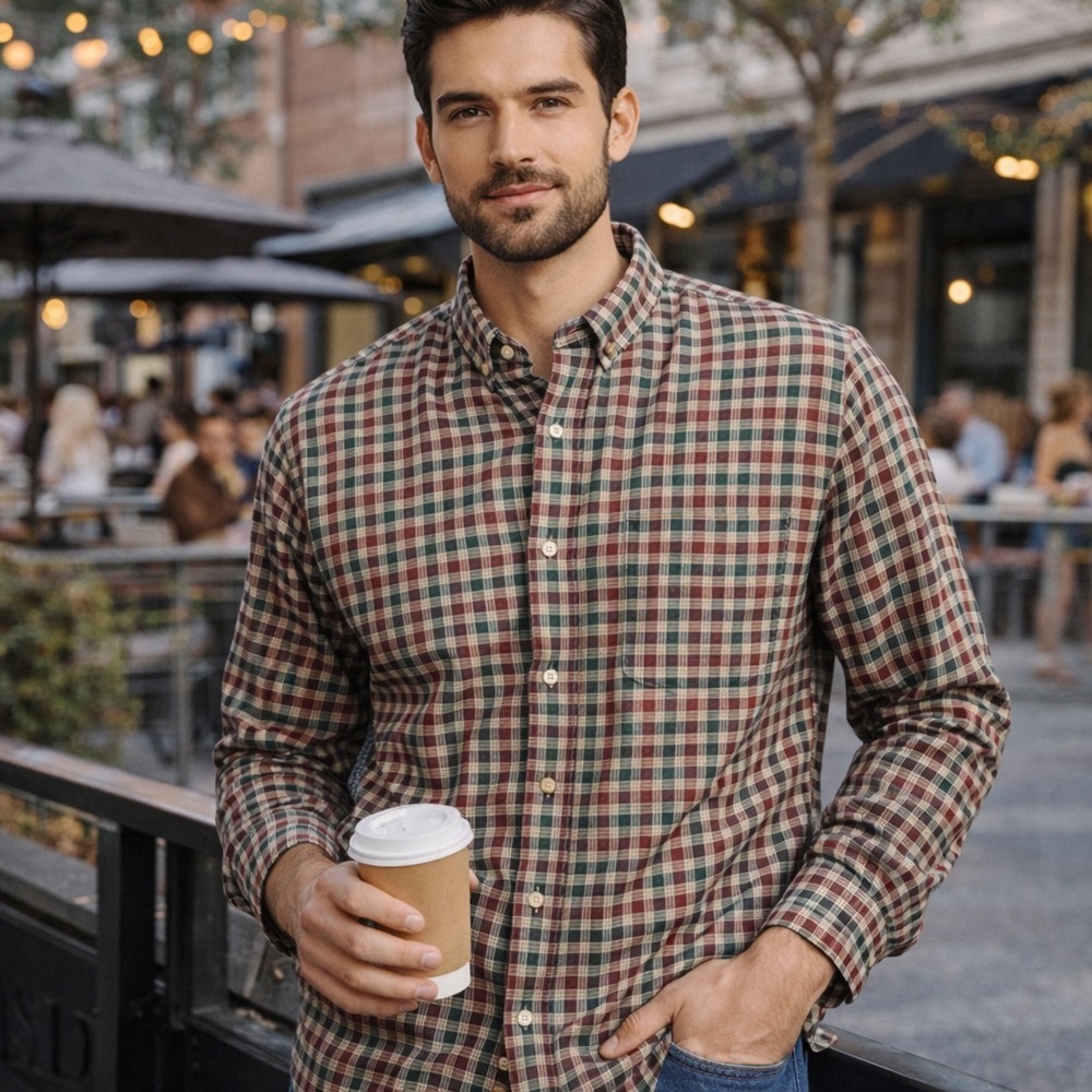 Y2K A&F Abercrombie & Fitch Shirt Men's XL X-Large Tan Red Green Plaid Holiday